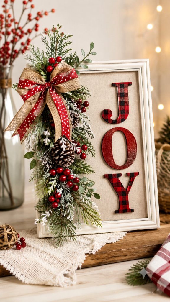DIY Christmas JOY Sign with Rustic Farmhouse Decor and Festive Greenery