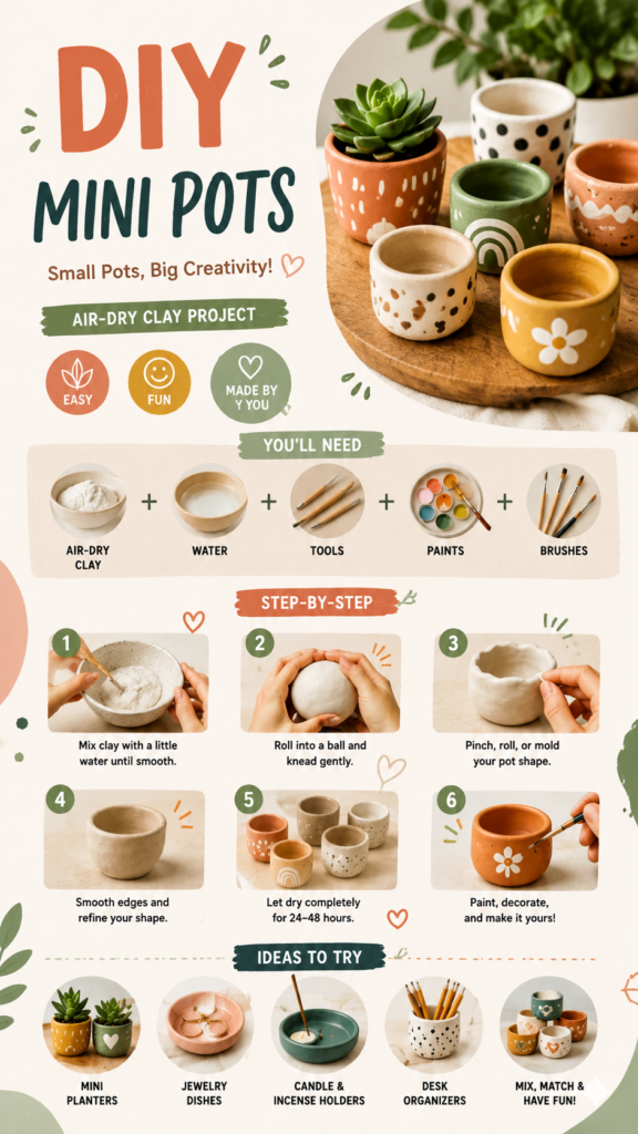 DIY Mini Air-Dry Clay Pots Easy Step-by-Step Craft Tutorial for Beginners