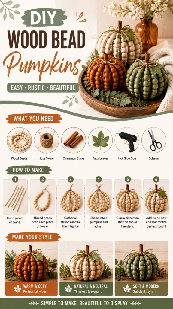 DIY Wood Bead Pumpkins Easy Rustic Fall Decor Ideas