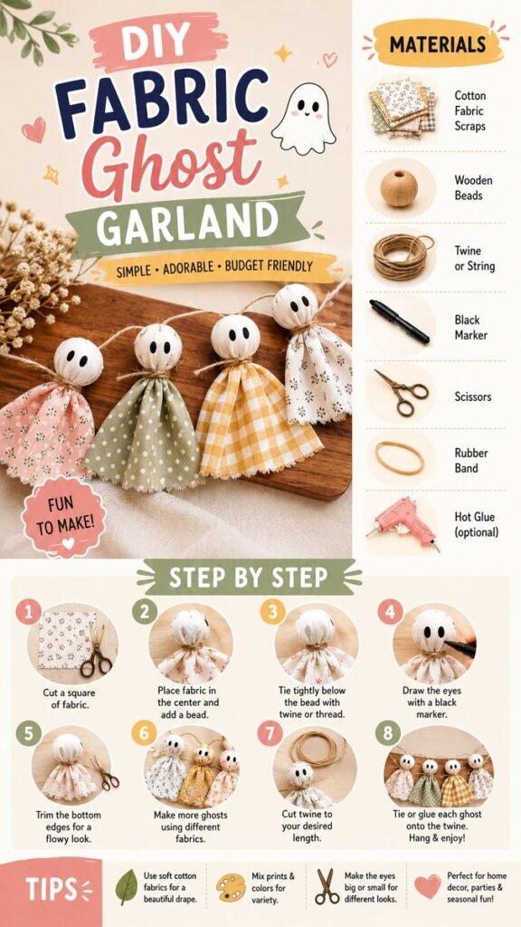 DIY Fabric Ghost Garland Easy Halloween Decor Craft on a Budget