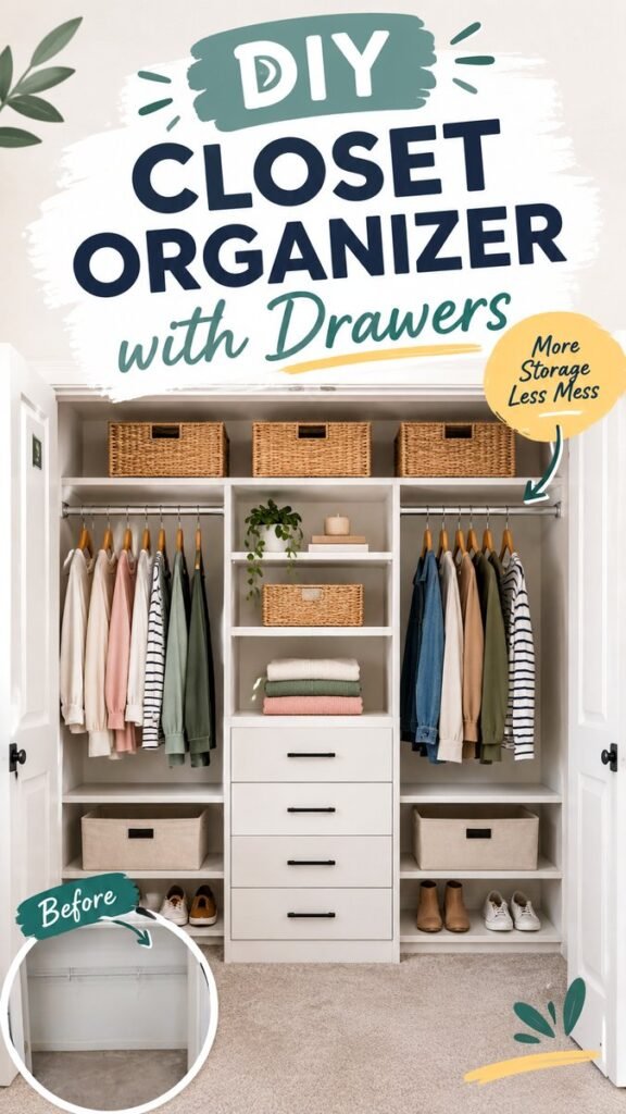 DIY Wardrobe Ideas Easy Closet Organizer With Drawers for More Storage