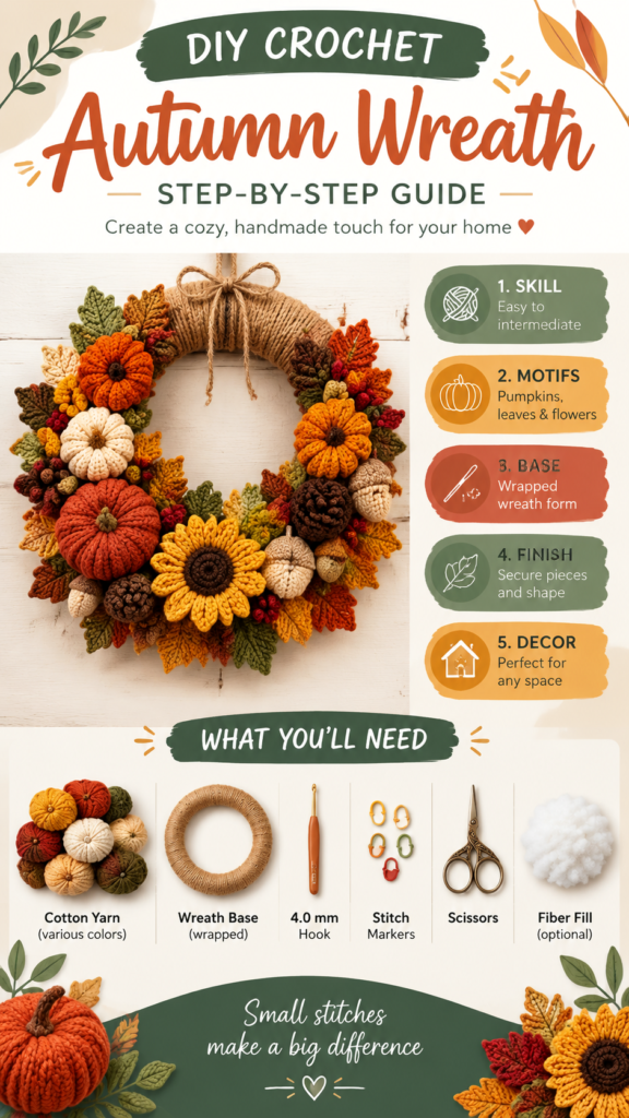 DIY Crochet Fall Wreath Cozy Autumn Pumpkin  Leaf Door Decor
