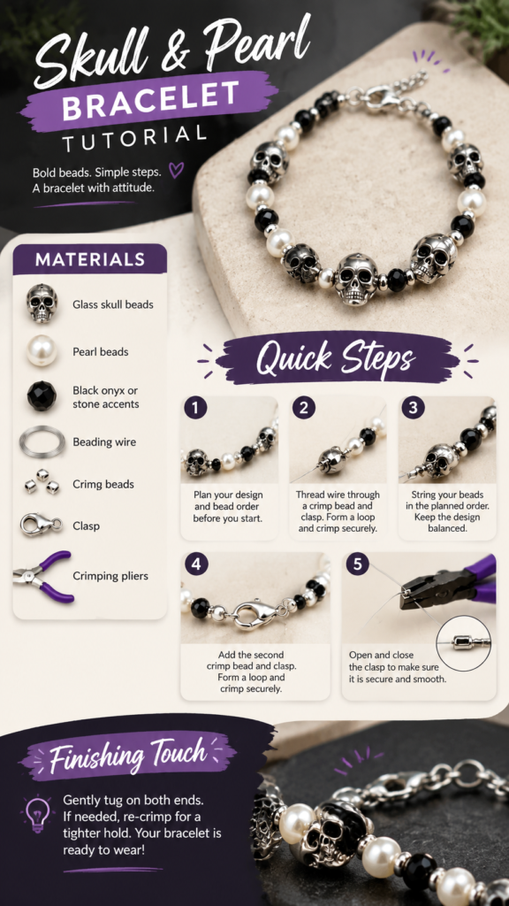 DIY Skull and Pearl Bracelet Tutorial Unique Handmade Jewelry Idea
